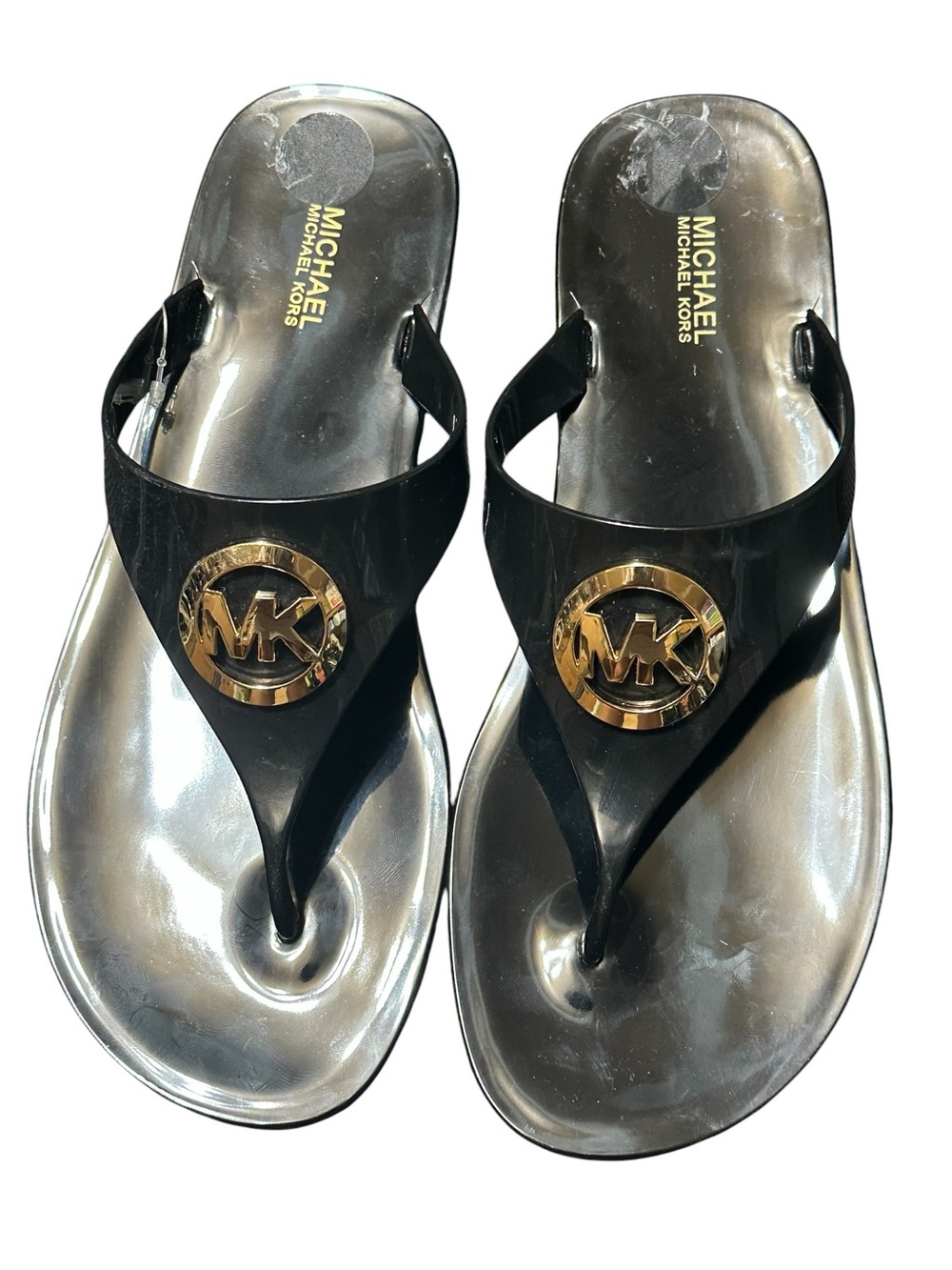 Michael Kors Black Jelly Logo Thong Sandals with Gold Emblem size 6 - Picture 2 of 4